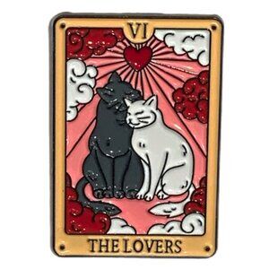 The Lovers Cat Tarot Card Enamel Pin Brooch Black White Cats Heart Clouds Love